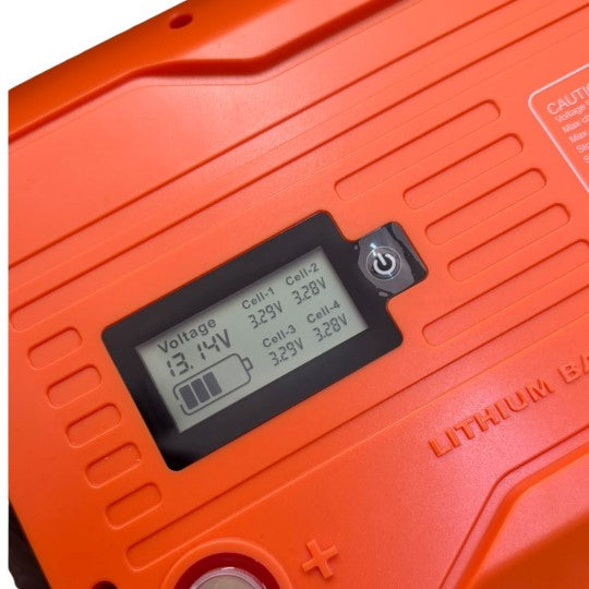 MacSell Solar Outlet 200Ah 12.8V lithium battery LTL12-200 with digital display and robust casing for energy storage.