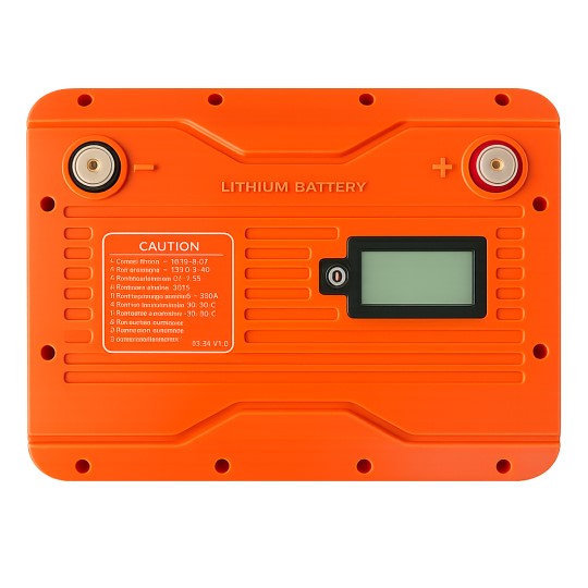 MacSell Solar Outlet 200ah 12.8V lithium battery LTL12-200 with top view, showing compact design and terminals.
