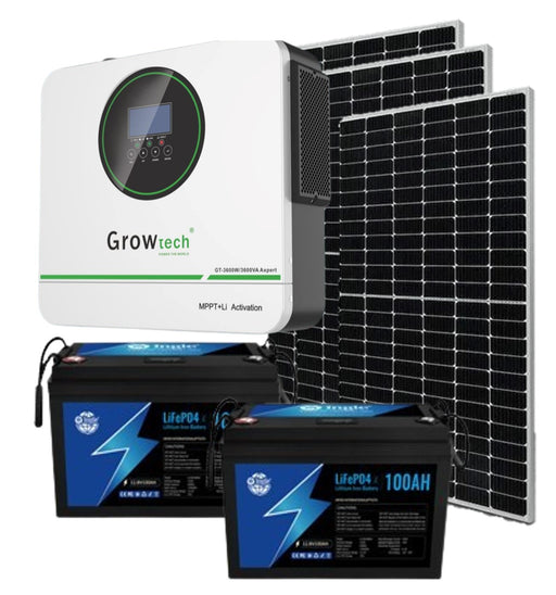 MacSell Solar Outlet 3600W hybrid inverter kit with 2.56 kWh lithium battery and three 460W solar panels for renewable energy.