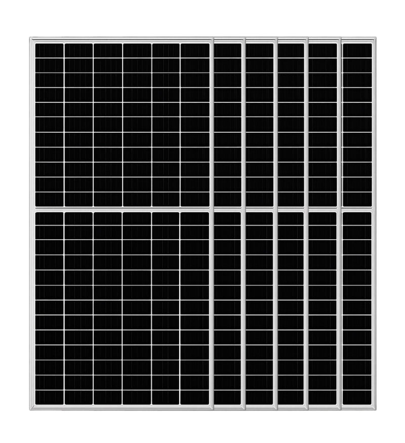 Six 460w MacSell Solar Mono Megatron solar panels displayed in a pack, showcasing their sleek black design and high efficiency.
