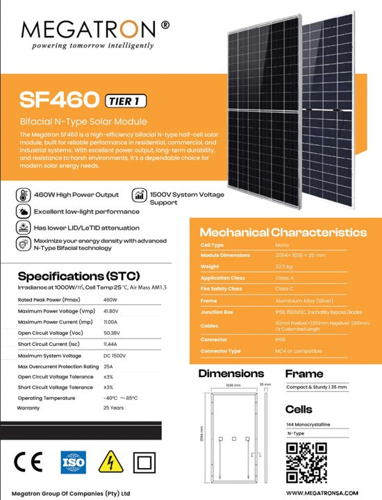 460w Mono Solar Panel Mono Megatron Bifacial