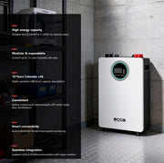 MacSell Solar 48V Lithium Battery Ecco 51.2V 100Ah 5.12kWh wall-mounted lithium battery with compact design and digital display.