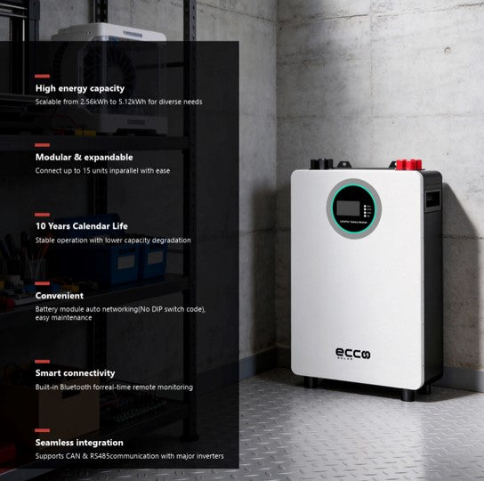 MacSell Solar 48V Lithium Battery Ecco 51.2V 100Ah 5.12kWh wall-mounted lithium battery with compact design and digital display.