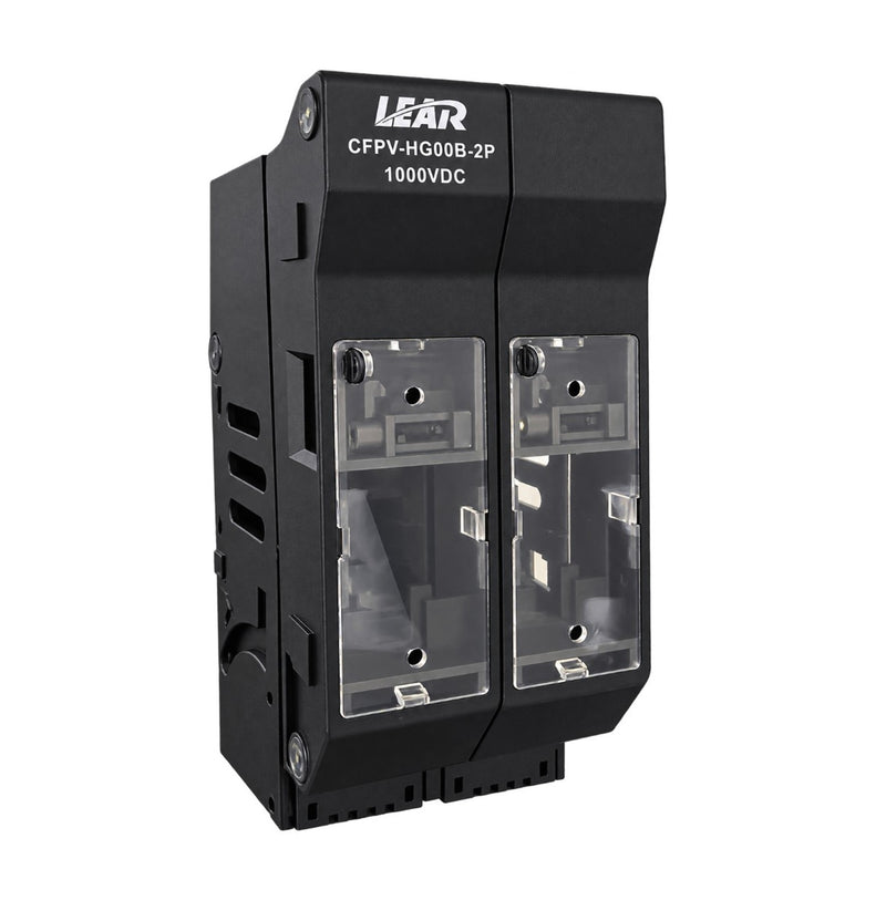 Battery fuse holder 160A 2P NH00 MCE for battery disconnect fuse box, black plastic housing with terminals.