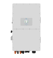 Deye 30kW hybrid three-phase inverter for high voltage solar energy systems, shown with its front display and connection ports.