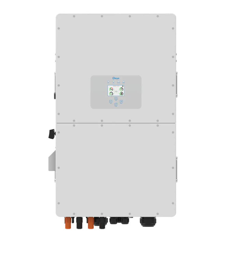 Deye 50KW 3-phase hybrid inverter for high voltage solar power systems, installed outdoors with display panel and connection ports