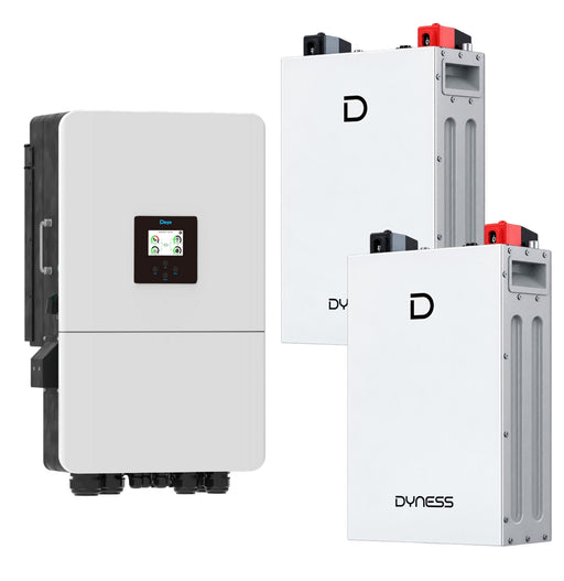 Deye 8KW solar inverter with two Dyness 5.12KWh lithium batteries, showcasing the inverter unit and battery setup.