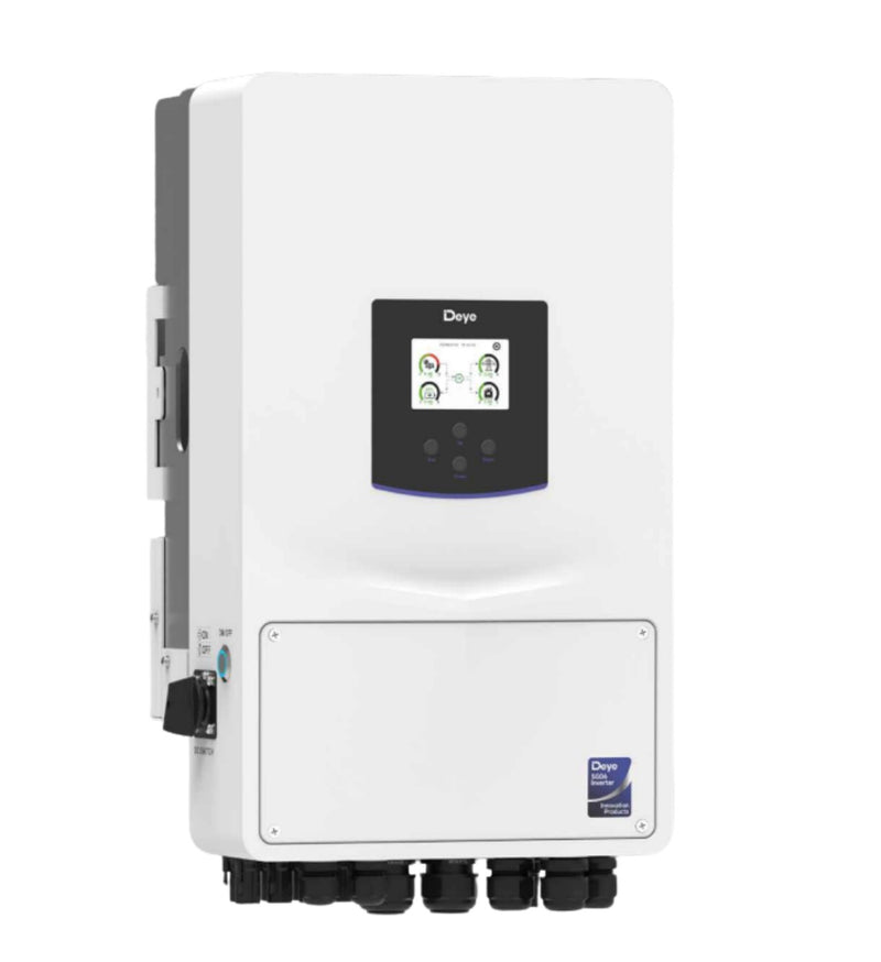 Deye 8KW hybrid solar inverter with two Dyness 5.12KWh lithium batteries and six 620W JA solar panels, installed outdoors.