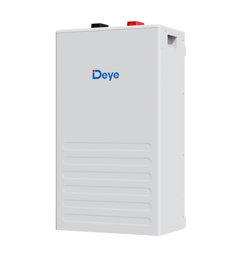 Deye 16kW lithium battery SE-F16 for solar energy storage, shown in a sleek black design with connection terminals visible.