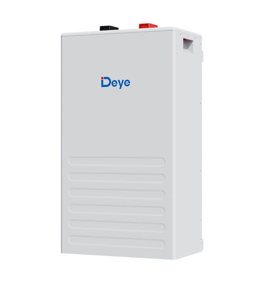 Deye 16kW lithium battery SE-F16 for solar energy storage, shown in a sleek black design with connection terminals visible.