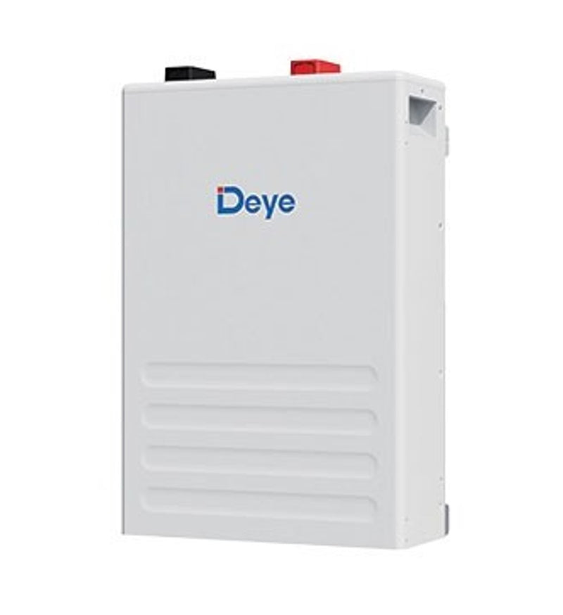 Deye SE-F5 PLUS 5.12KWH solar battery pack with 51.2V 100AH capacity, shown with connections and display panel.