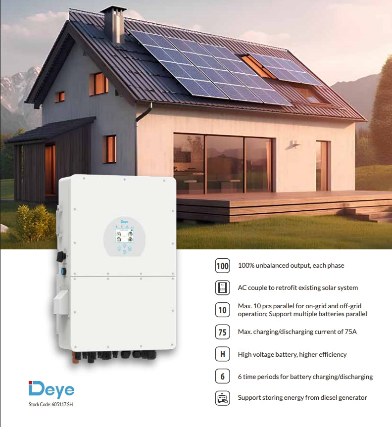 Deye 30kw hybrid three-phase inverter with high voltage capabilities, shown with detailed specifications and connections.