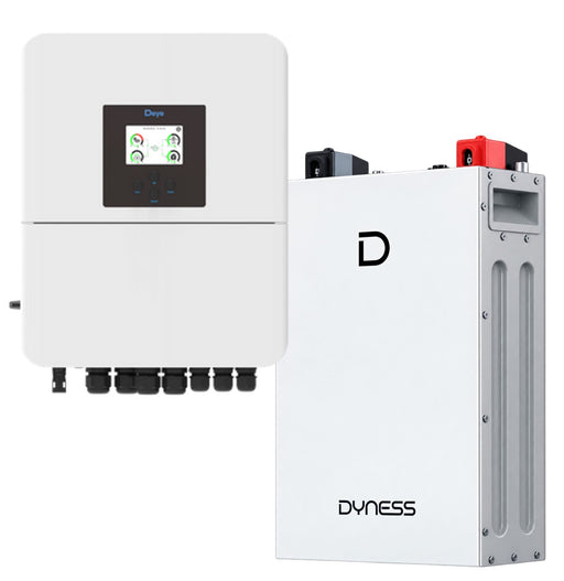 Deye 5KW MPPT solar inverter with Dyness 5.12 KWh backup power kit and Wi-Fi connectivity for solar energy storage.
