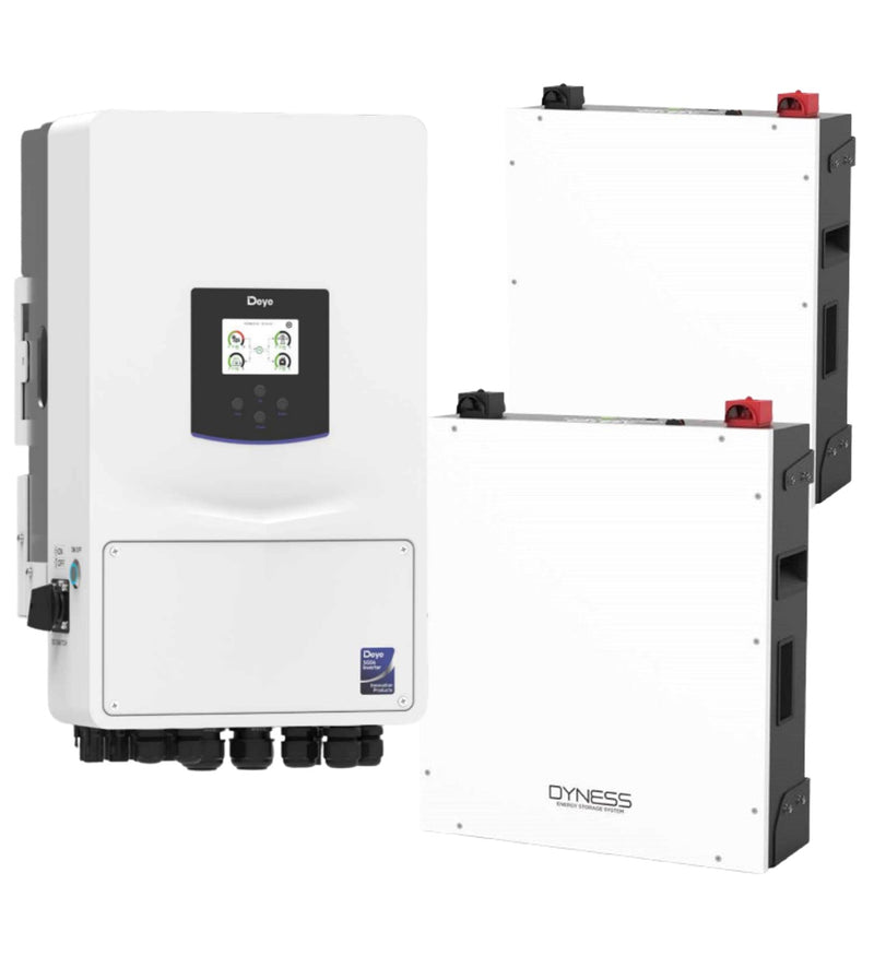 Deye 8KW solar inverter with two Dyness 5.12KWh lithium batteries and six JA Solar 620W panels for renewable energy.