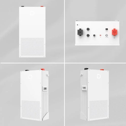 Dyness 14.3KW lithium ion battery power brick, black rectangular energy storage unit with branding, designed for solar power systems