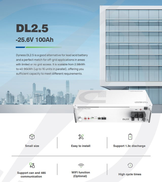 Dyness 24V 2.56Kw 100Ah DL2.5 lithium ion battery from MacSell Solar Outlet, showcasing its compact design and terminals.