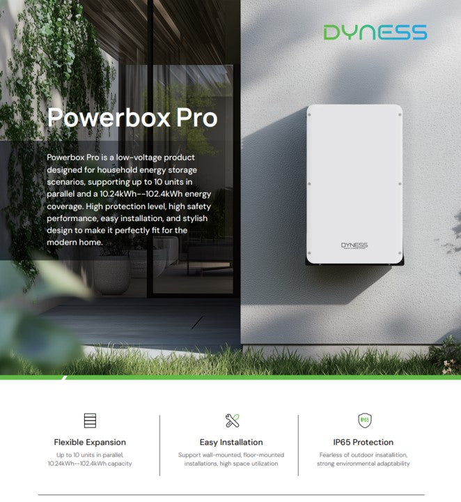 Dyness Lithium Battery Powerbox Pro 10.24kWh for energy storage, featuring multiple connection ports and compact design.