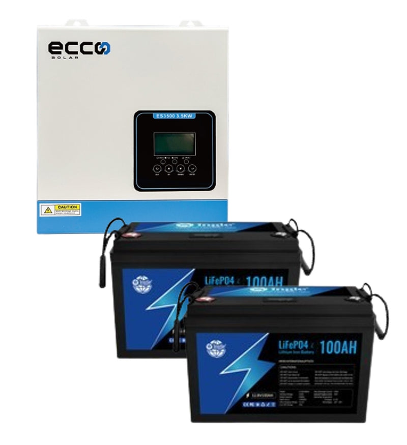 Ecco Solar 3.5kva Mppt 100A & 2X Lithium Battery 2X 100AH 1.28kwh LiFePO4 Combo Kit - MacSell Solar Outlet