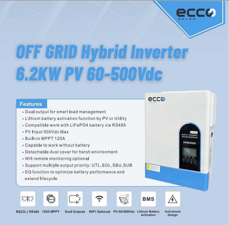 Ecco 6.2 Kva 6200w hybrid solar inverter with 48V MPPT, 120A, pure sine wave, for efficient solar power conversion.