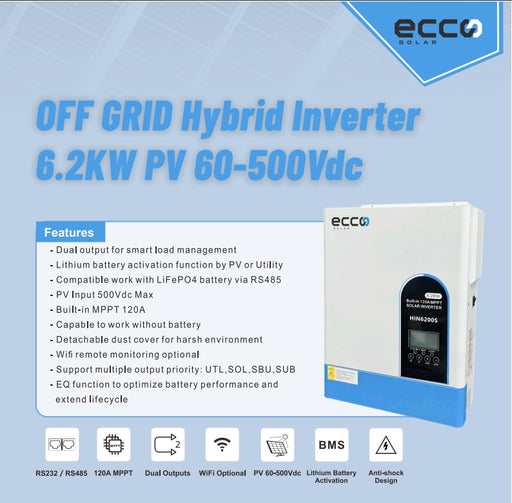 Ecco 6.2 Kva 6200w hybrid solar inverter with 48V MPPT, 120A, pure sine wave, for efficient solar power conversion.