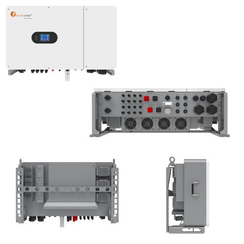 Felicity 50KW 3-phase hybrid inverter by MacSell Solar Outlet, high voltage T-REX-50KHP3G01, shown from multiple angles.