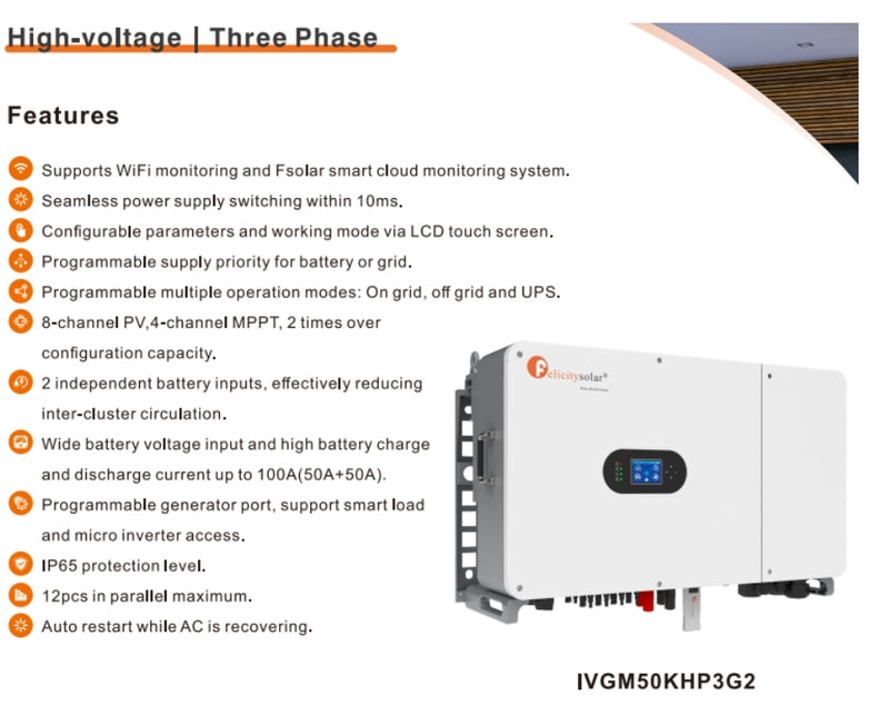 Felicity 50KW 3-phase hybrid inverter with high voltage, T-REX-50KHP3G01 model, set against a technical specifications background