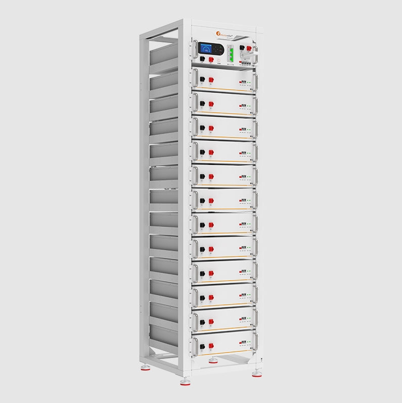 Felicity high-voltage 61.44KWh lithium battery system by MacSell Solar Outlet, shown from the side view with multiple battery modules.