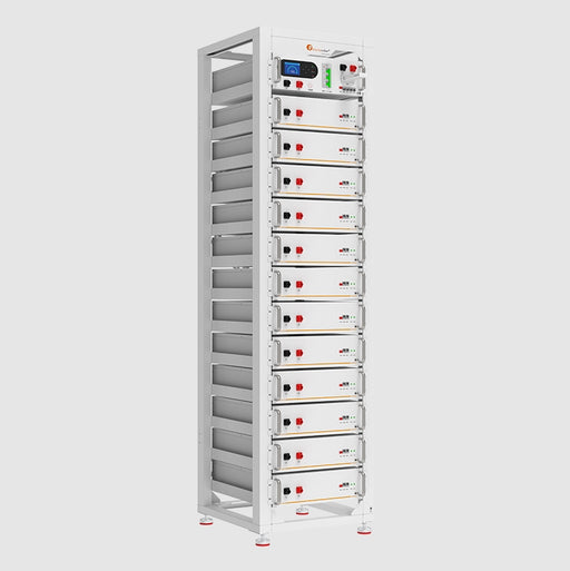 Felicity high-voltage 61.44KWh lithium battery system by MacSell Solar Outlet, shown from the side view with multiple battery modules.