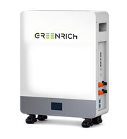 Greenrich Lithium Ion Battery AF16000 16kWh floor-standing battery by MacSell Solar Outlet, with sleek green exterior and digital display.