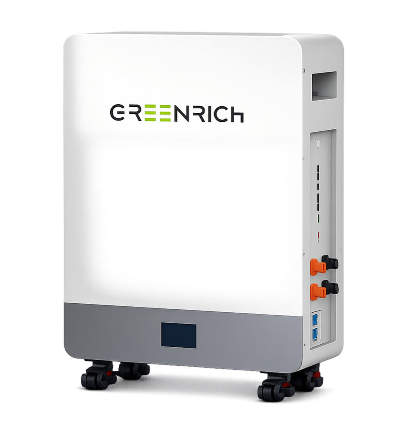 Greenrich Lithium Ion Battery AF16000 16kWh floor-standing battery by MacSell Solar Outlet, with sleek green exterior and digital display.