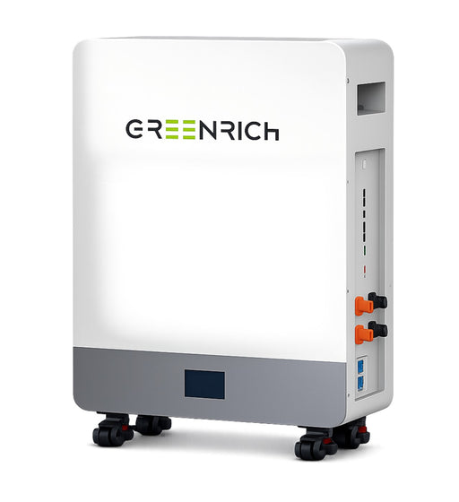 Greenrich Lithium Ion Battery AF16000 16kWh floor-standing battery by MacSell Solar Outlet, with sleek green exterior and digital display.