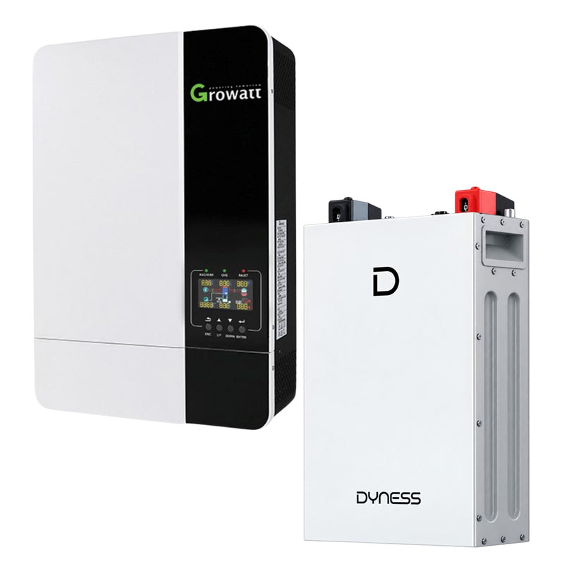 Growatt 5kWh solar inverter with Dyness 51.2V 5.12kWh lithium battery for energy storage and solar power systems.