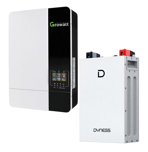 Growatt 5kWh solar inverter with Dyness 51.2V 5.12kWh lithium battery for energy storage and solar power systems.