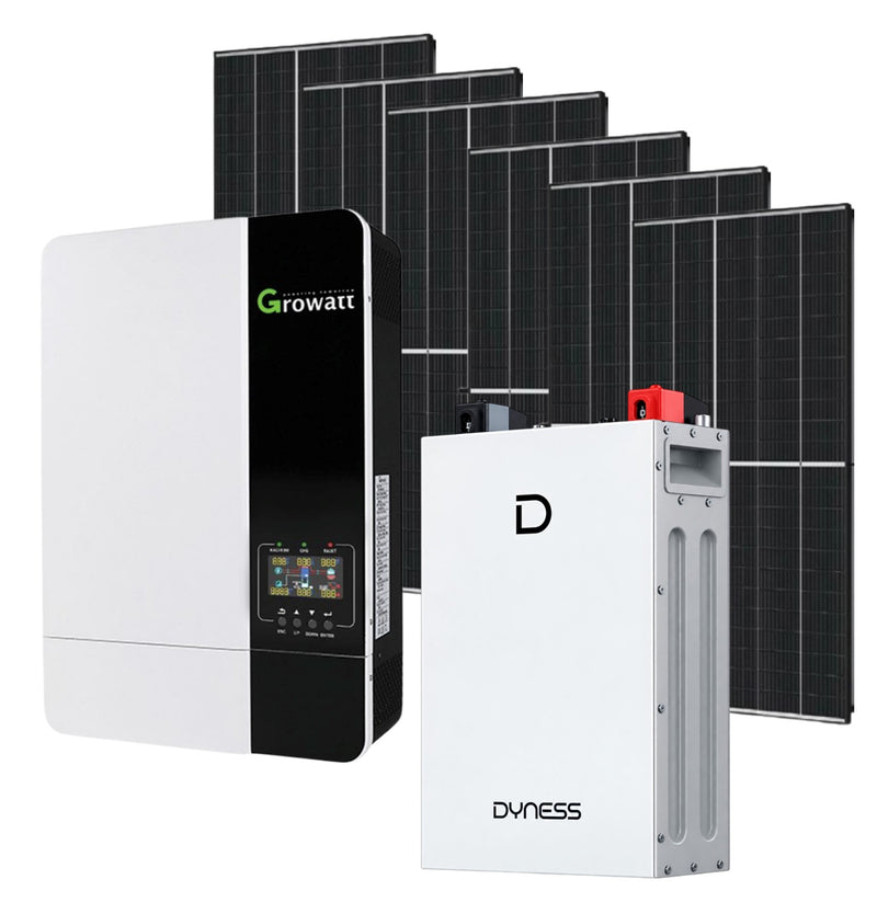 Growatt 5KWh solar inverter with Dyness 51.2V 5.12KWh lithium battery and six 460W solar panels for renewable energy.