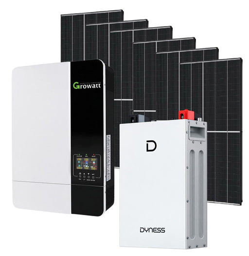 Growatt 5KWh solar inverter with Dyness 51.2V 5.12KWh lithium battery and six 460W solar panels for renewable energy.
