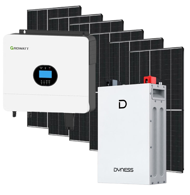 Growatt 6000W inverter with Dyness 5.12kWh lithium battery and six 460W mono solar panels for home solar power system.