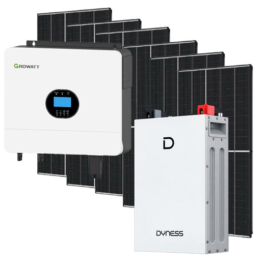Growatt 6000W inverter with Dyness 5.12kWh lithium battery and six 460W mono solar panels for home solar power system.