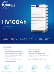 Hubble HV100AH high voltage battery stackable with 61kWh capacity, featuring durable design and connection terminals for solar energy storage.