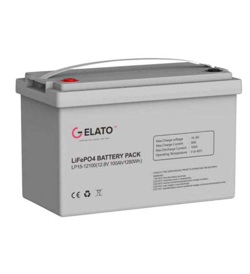 Lithium 12.8V 100AH 1.28KWh Gelato lithium battery with Bluetooth from MacSell Solar Outlet, showing the battery's compact design
