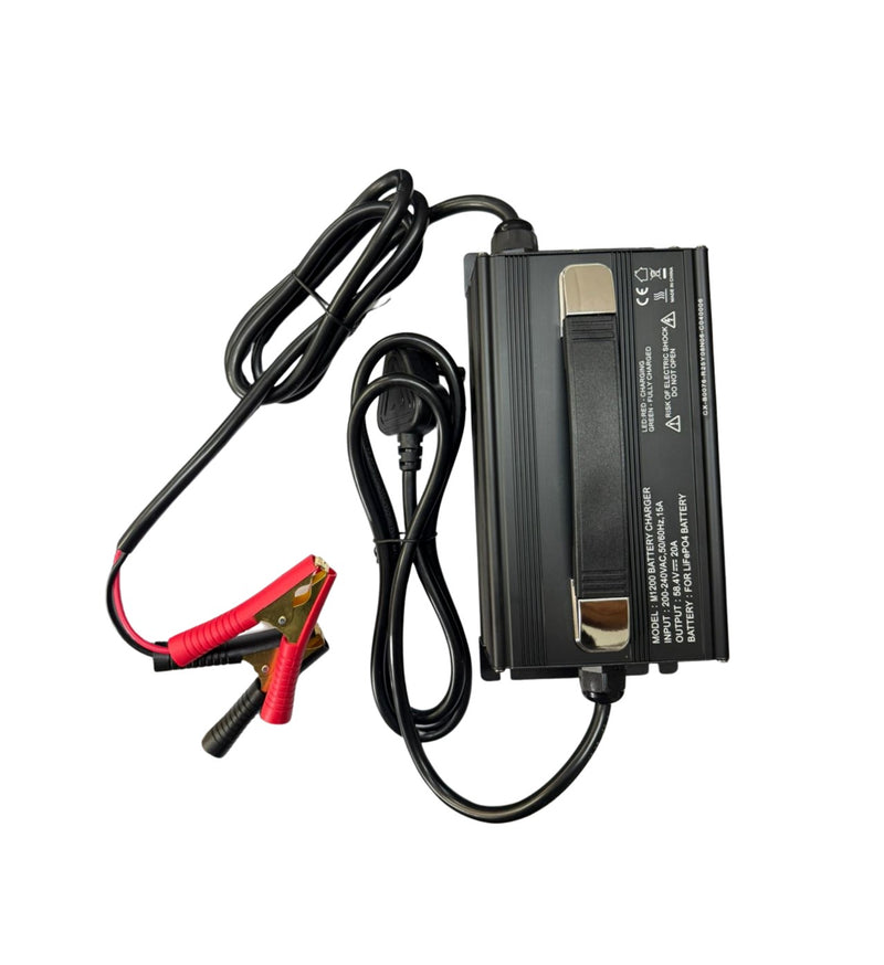 MacSell Solar Outlet lithium battery charger M1200 for 48V batteries, 20A charging current, compact and durable design.
