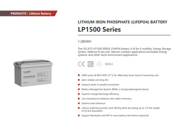 Lithium 12.8V 100AH 1.28KWh Gelato battery by MacSell Solar Outlet with Bluetooth connectivity, showing battery terminals and label