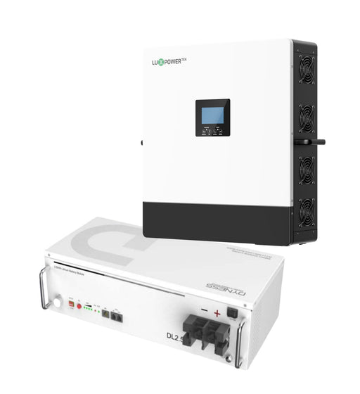 Luxpower 3600w hybrid solar inverter with Dyness 24V 100Ah lithium battery, 2.56kWh capacity, for solar energy storage and power.