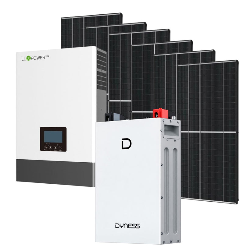 Luxpower 5KVA solar inverter and Dyness 5.12KW lithium battery with six 460W solar panels for renewable energy storage.