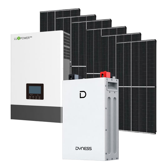 Luxpower 5KVA solar inverter and Dyness 5.12KW lithium battery with six 460W solar panels for renewable energy storage.