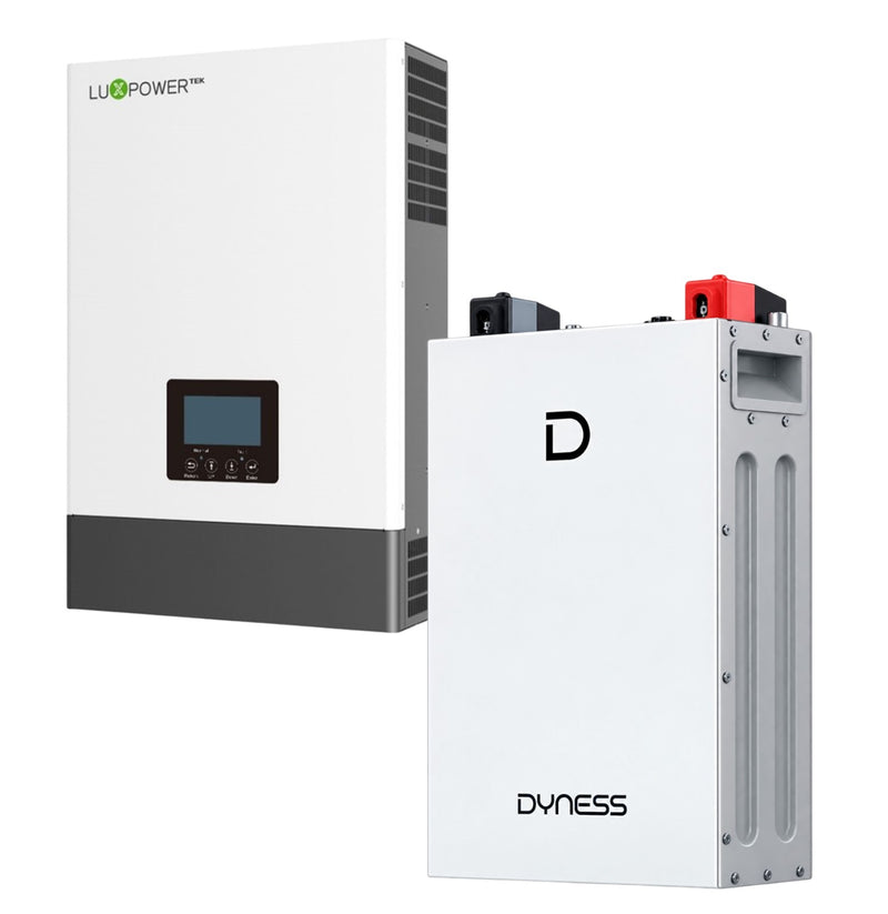 Luxpower 6KVA hybrid solar inverter with Dyness 5.12 KWh lithium battery for efficient energy storage and power management.