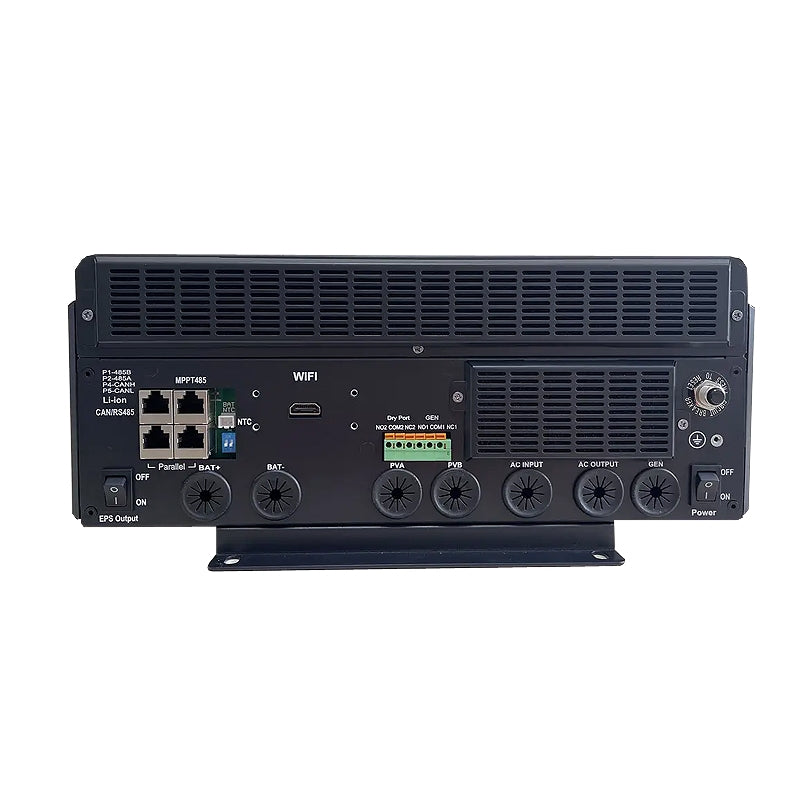 LuxPower SNA5000 5kW hybrid solar inverter by MacSell, shown from the bottom view with connection ports and cooling vents