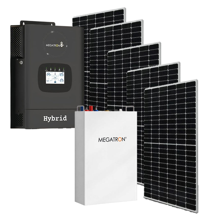 Megatron 5KVA solar inverter and battery combo with 6x JA 620W solar panels and 5.12KW lithium battery for renewable energy.