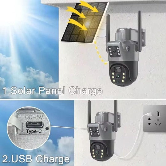 Full HD solar CCTV dual camera with 4G connectivity, weatherproof IP65 housing, by MacSell Solar Outlet.