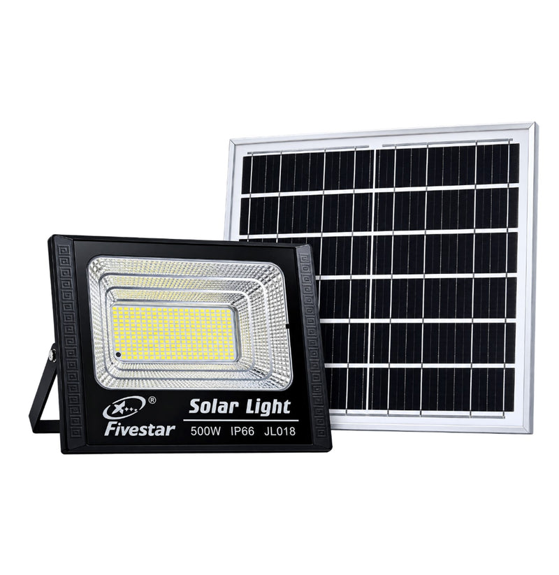 500W solar flood light by MacSell Solar Outlet, showing the durable outdoor LED floodlight with adjustable mounting bracket.