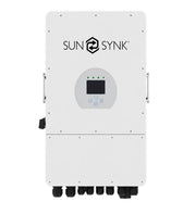 Sunsynk 12Kw LV hybrid solar inverter by MacSell Solar Outlet, single-phase unit with digital display and cooling vents.